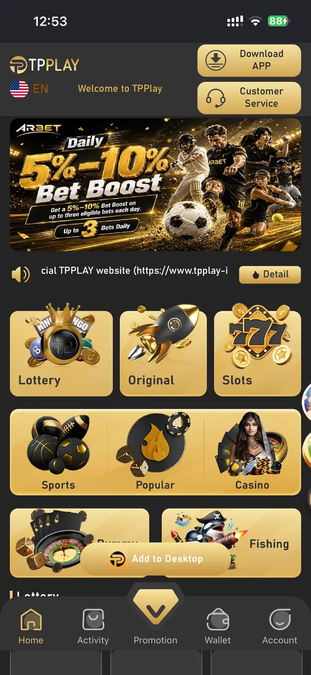 TP Play app home screen showing Aviator promotion and game categories