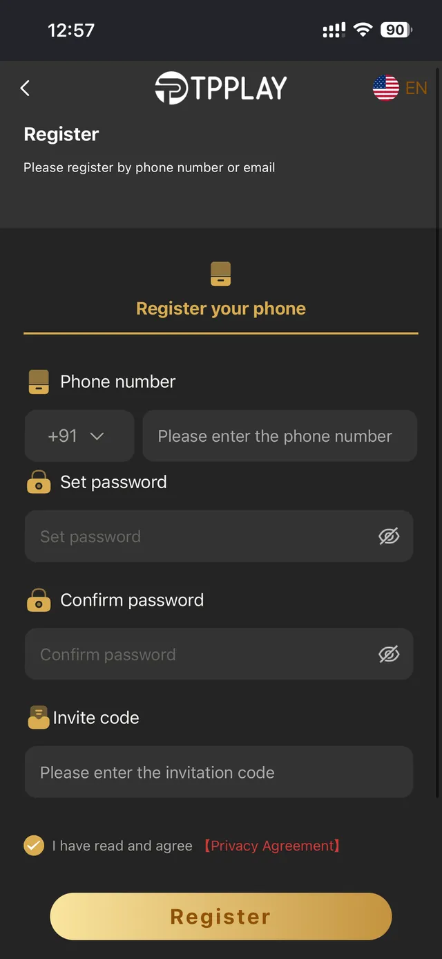 TP Play app registration screen